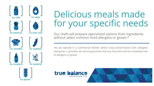 Image that indicates the nine allergens absent in True Balance's menus; warns of the possibility of cross-contamination.