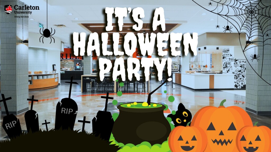 Halloween-themed graphics over Dining Hall photo.